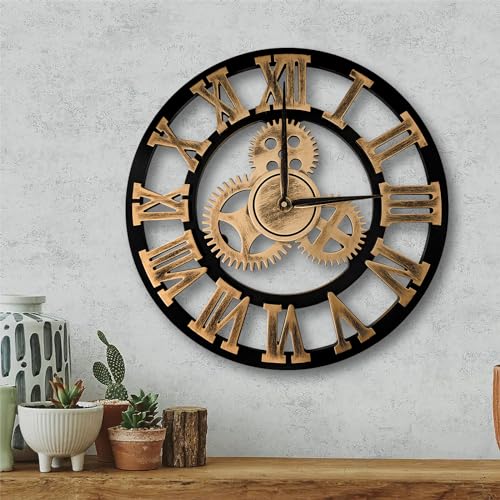 ALEENFOON Uhr Leise Wanduhren, 3D Gear Vintage Industrial Silent Nicht tickend Römischen Ziffern hängende Uhr für Wohnzimmer Küche Ohne Tickgeräusche Innenuhr (50CM, Roman Numerals) von ALEENFOON