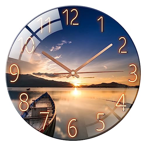 ALEENFOON Wanduhr aus Glas 30cm Lautlos Nicht Tickend Dekorative Runde Wanduhr für Wohnzimmer Küche Schlafzimmer Flur Büro (Sonnenuntergang) von ALEENFOON