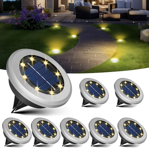 ALEGRE® 8 Stk Solar Bodenleuchten Aussen, Led Gartenbeleuchtung Solar Außen, Warmweiß Wasserdicht Boden Solarleuchten mit 8 LEDs, Led Solare Gartenleuchten, Solarlampen für Rasen Auffahrt Gehweg Patio von ALEGRE