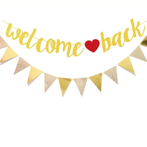 Glitzer Welcome Back Girlande mit Wimpel, Willkommen Zuhause Banner Gold, Papier Willkommen Zurück Girlande, Welcome Home Deko, Herzlich Willkommen Girlande für Einschulung, Klassenzimmer,Familie Deko von ALEGRE