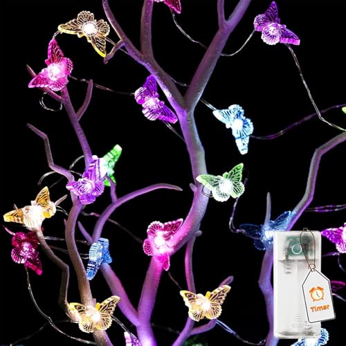 ALEGRE® LED Lichterkette Schmetterling mit Timer, 2M 20 LED Bunte Schmetterling Lichterkette, Schmetterling Deko Lichterketten Innen Außen, Lichterkette mit Timer für Hochzeit,Garten,Frühling Deko von ALEGRE