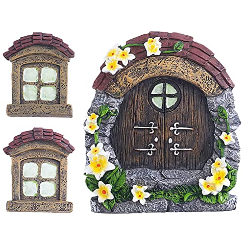 ALEMIN Feentür Garten Feen-Tür und -Fenster für Bäume, 14cm Harz Miniatur Elfen-Tür Wichteltür Gartendeko, Im Dunkeln Leuchten (Dachziegel) von ALEMIN