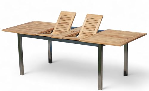 ALEOS. A-Grade Teak - Edelstahl Ausziehtisch 160-220x90cm ausziehbar Gartentisch Holztisch Esstisch Tisch Massive Ausführung Teakholz Serie Kuba von ALEOS.