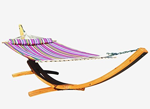 ALEOS. AS-S 410cm XXL Hängemattengestell Natur-Filled Edition PINK Hängematte mit Gestell aus Holz Lärche mit Stabhängematte (GEPOLSTERT) inkl. Kopfkissen von ALEOS.