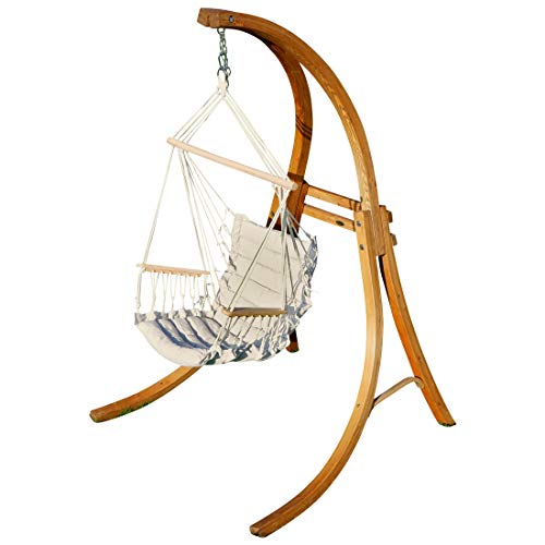 ALEOS. Design Hängesessel Hängestuhl mit Gestell aus Holz Lärche CAT-Maly-BEIGE Holzgestell Hängesesselgestell komplett mit Stoffsessel angenehmer Sitzkomfort im 6cm dicken Kissen von ALEOS.