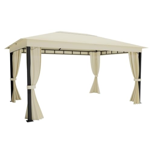 ALEOS. Garten Pavillon Monza 4x3 Meter 3x4m Gartenpavillon 12m² einfacher Aufbau ohne Werkzeug Klicksystem Dach 100% WASSERDICHT UV30+ mit 4 Vorhängen Starke Füße 6x6cm cremeweiß von ALEOS.