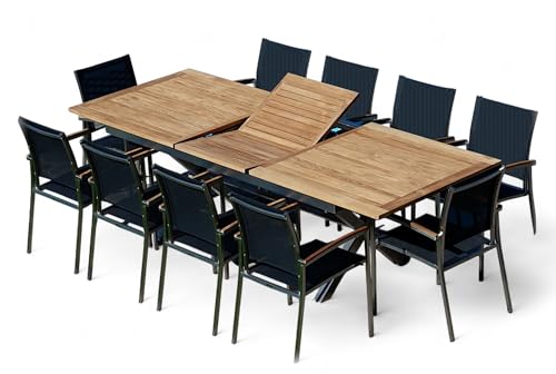 ALEOS. Gartengarnitur Edelstahl Teak Set: Ausziehtisch 200-260x100 cm + 10 Sessel stapelbar Edelstahl Teak Gewebe schwarz Sitzgruppe A-Grade Teak Holz - Gartenmöbel Set 10 Personen Gastro Qualität ALEOS. Gartengarnitur Edelstahl Teak Set: Ausziehtisch 200-260x100 cm + 10 Sessel stapelbar Edelstahl Teak Gewebe schwarz Sitzgruppe A-Grade Teak Holz - Gartenmöbel Set 10 Personen Gastro Qualität von ALEOS.