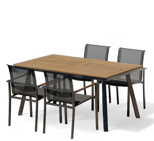 ALEOS. Gartengarnitur Edelstahl Teak Set: Tisch Nassau 160x90 cm + 4 stapelbare Sessel schlammfarben Batyline Bespannung Stapelsessel A-Grade Teak Holz Gastroqualität Gartenmöbelgarnitur Esstischset von ALEOS.