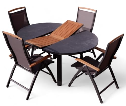 ALEOS. Gartengarnitur Gartenset Aluminium Teak Set mit rundem Ausziehtisch 120cm auf 160cm ausziehbar + 4 Hochlehner anthrazit Trinidad von ALEOS.