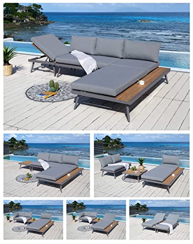 ALEOS. Gartenlounge Lounge aus Aluminium mit Massiv Holz Teak Multifunktionslounge Loungeece Set Loungegarnitur Sitzgruppe Doppelliege Sofagarnitur Barbados grau anthrazit Spunpoly Kissen von ALEOS.