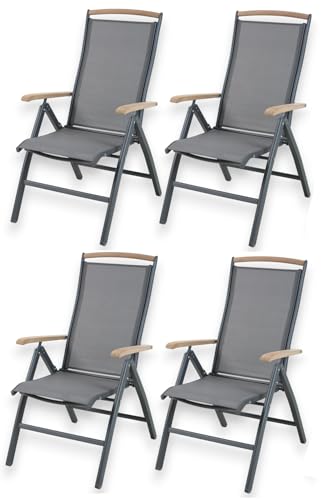 ALEOS. Hochlehner Trinidad Aluminium Gartensessel Hochlehner mit Armlehnen echt Teakholz 7-Positions Sessel 7-Fach verstellbar Outdoor Textilgewebe klappbar, Größe:4 Stück von ALEOS.