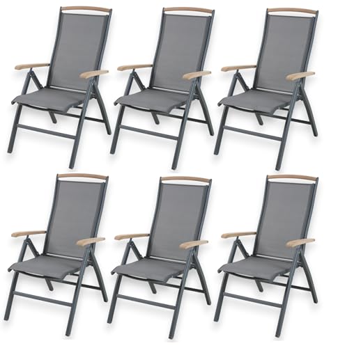 ALEOS. Hochlehner Trinidad Aluminium Gartensessel Hochlehner mit Armlehnen echt Teakholz 7-Positions Sessel 7-Fach verstellbar Outdoor Textilgewebe klappbar, Größe:6 Stück von ALEOS.
