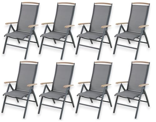 ALEOS. Hochlehner Trinidad Aluminium Gartensessel Hochlehner mit Armlehnen echt Teakholz 7-Positions Sessel 7-Fach verstellbar Outdoor Textilgewebe klappbar, Größe:8 Stück von ALEOS.