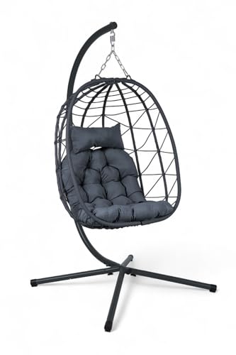 ALEOS. Rattan Geflecht Korb Hängesessel mit Gestell komplett inkl. großem dickem Polster, Indoor und Outdoor, Modell Milos von ALEOS.