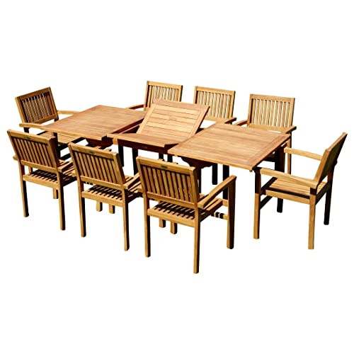 ALEOS. Teak Set: Gartengarnitur Ausziehtisch 150-210 cm x 90 cm + 8 Miami Sessel stapelbar 9-TLG. Essgruppe aus Teakholz von ALEOS.
