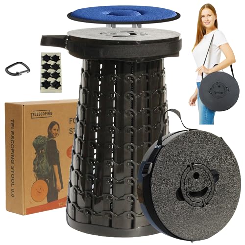 ALEVMOOM 50 cm tragbarer Teleskophocker mit größerer Sitzfläche und Belastung, zusammenklappbarer Klapphocker mit Kissen, einziehbarer Teleskopstuhl, stabil für Erwachsene, Camping von ALEVMOOM