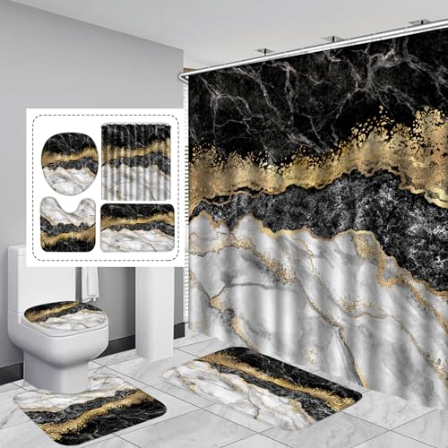 4 Stück schwarze Marmor-Duschvorhang-Sets, Badezimmer-Sets mit Duschvorhang und Teppichen und Zubehör, wasserdichter Duschvorhang mit 12 Haken, 182.9x182.9 cm von ALEXEX