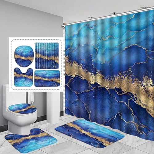 4-teiliges blaues Marmor-Duschvorhang-Set, Badezimmer-Sets mit Duschvorhang und Teppichen und Zubehör, Teppich-WC-Deckelbezug und rutschfeste U-Form-Matte, wasserdichter Duschvorhang mit 12 Haken, von ALEXEX