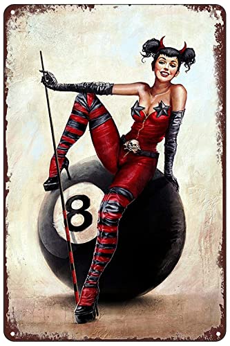 ALEXXO Vintage Metallschilder – Schwarz acht Billard Ball Blechschild Beauty Pinup Girl Poster Wandkunst Dekor für Zuhause Bar Club Cafe Garage Männerhöhle 20,3 x 30,5 cm von SREELEATHERS