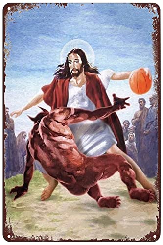 Vintage-Metall-Blechschild – Jesus vs Satan im Basketball-Poster, lustige Schilder, Wandkunst, Dekoration für Zuhause, Bar, Kneipe, Club, Café, Wohnzimmer, 20,3 x 30,5 cm von SREELEATHERS