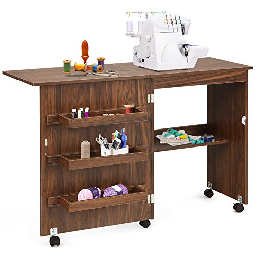 ALEjon 【2-in-1 brauner Rolltisch Basteltisch】Faltbarer Nähmaschinenschrank mit Ablageflächen, feststellbaren Rollen, platzsparendes Design von ALEjon