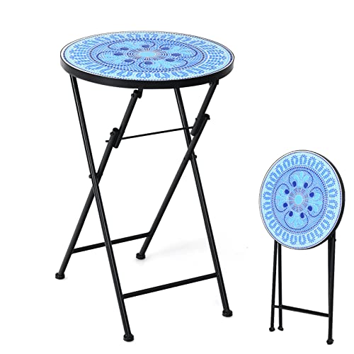 ALEjon Beistelltisch mit Mosaikfliesen, rund, 36 cm, Blau, vierblättriges Kleeblatt: Keramikfliesenplatte, rutschfeste Fußmatte, Pflanzenständer für drinnen und draußen von ALEjon