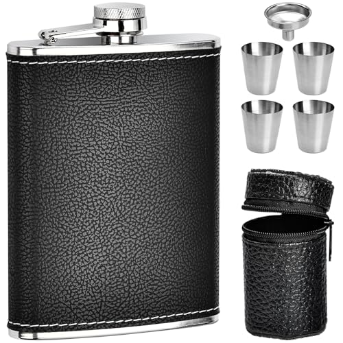 ALFFREUDE Edelstahl Flachmann 8oz/227ml Flachmann Set Flachmann Leder Flachmann Klein mit Trichter für Spirituosen Whiskey Rum für Camping Klettern Picknick von ALFFREUDE