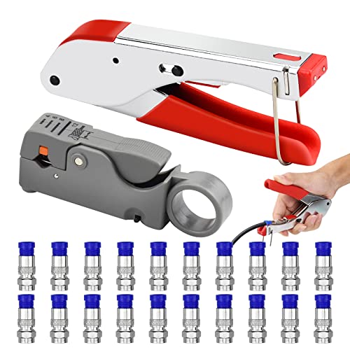 Kompressionszange Set Crimpzange Abisolierwerkzeug RG59/RG6 Crimper Koaxialkabel Cable Stripper mit 20 stück Kompressions-F-Stecker für SAT Kabel, Koaxialkabel von ALFFREUDE