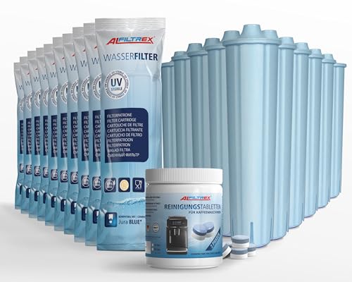 10 Wasserfilter Filterpatron kompatibel mit Jura Blue 10er-set Filterpatrone inkl. 2-Phasen Reinigungstabletten (40 Tabs) von ALFILTREX