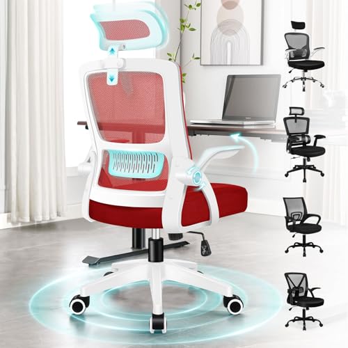 ALFORDSON Büro-Schreibtischstuhl, Ergonomisch für das Heimbüro, Computer-Netzstuhl mit Dynamischer Lordosenstütze, Kopfstütze, Hochklappbare Armlehne, Neigbarer Drehstuhl, Rot von ALFORDSON