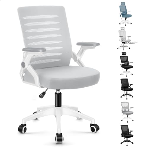 ALFORDSON Bürostuhl, Dicker Komfortschaum, S-Kurven Design, Horizontal Verstellbare & Hochklappbare Armlehnen, Kompakte Basis, 360° Rollen, für Büroarbeit & Gaming, Wale, Weiß & Grau von ALFORDSON