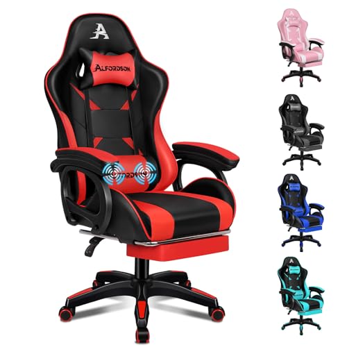 ALFORDSON Bürostuhl, Schreibtischstuhl mit Massage-Lendenkissen, ergonomischer Computerstuhl mit neigbarer Rückenlehne, Drehstuhl mit Fußstütze, höhenverstellbar, Rot von ALFORDSON