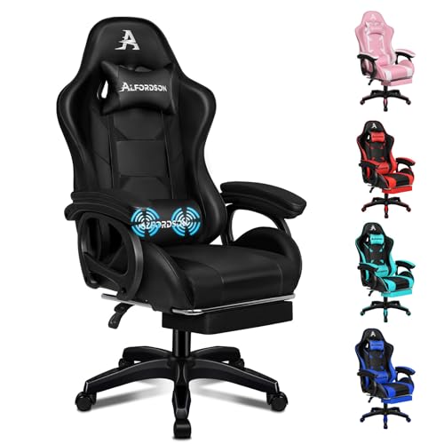 ALFORDSON Bürostuhl, Schreibtischstuhl mit Massage-Lendenkissen, ergonomischer Computerstuhl mit neigbarer Rückenlehne, Drehstuhl mit Fußstütze, höhenverstellbar, Schwarz von ALFORDSON