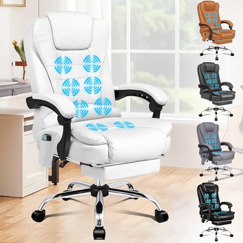 ALFORDSON Ergonomischer Bürostuhl, Schreibtischstuhl mit Wärmemassagefunktion, PU-Leder-Computerstuhl mit gepolsterten Armlehnen und weicher Kopfstütze, Drehstuhl mit Rollen, Weiß, Kunstleder von ALFORDSON