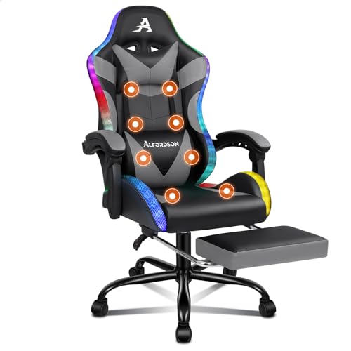 ALFORDSON Bürostuhl Gamingstuhl, Massage-Gamer-Sessel Ergonomischer Gamerstuhl mit Fußstütze, Kopfstütze Massage-Lendenkissen, Drehstuhl, 180kg Tragkraft, Grau von ALFORDSON