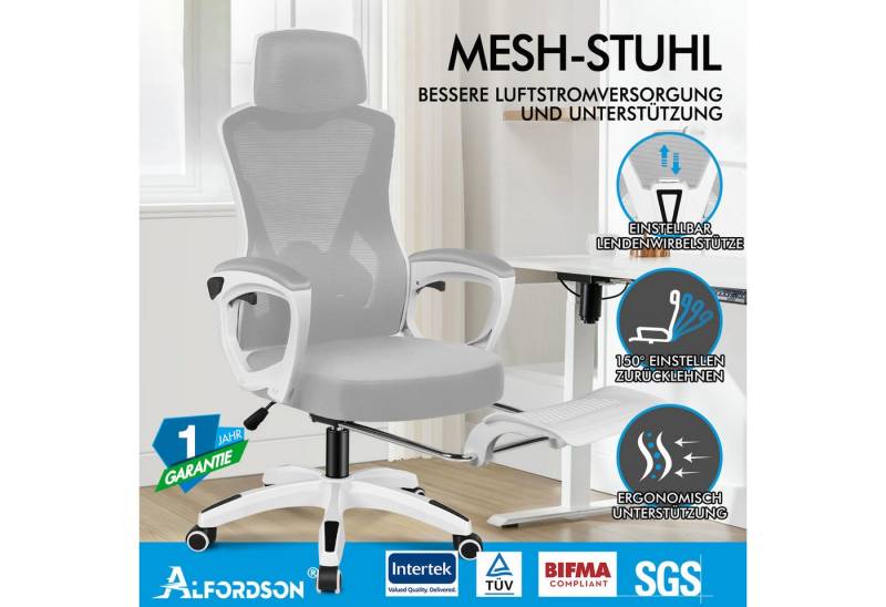 ALFORDSON Bürostuhl Hochlehner-Bürodrehstuhl mit Rollen, Lendenwirbelstütze, atmungsaktiv (1 St), höhenverstellbare Funktion, Weiß & Grau von ALFORDSON