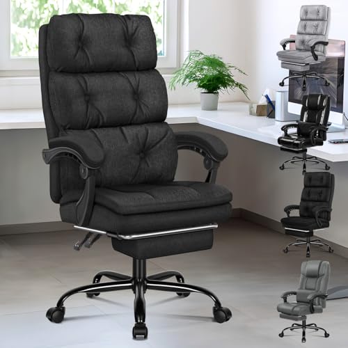ALFORDSON Bürostuhl mit Doppellagigem Kissen, Computer-Schreibtischstuhl mit Fußstützen-Armlehnen, Hoher Rückenlehne, 150°-Liege, Neigbar, 360° Drehbar, Leinenstoff, Schwarz von ALFORDSON