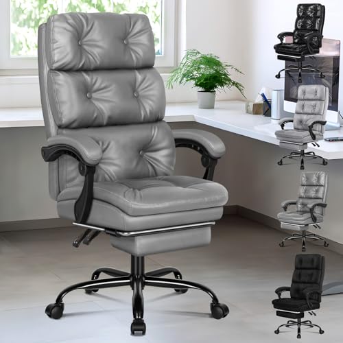 ALFORDSON Bürostuhl, Ergonomischer Computer-Schreibtischstuhl mit Fußstütze, Dreipolsterige Form eines Netzstuhls mit Hoher Rückenlehne, 150° Neigbarer Liege, PU-Leder, Grau von ALFORDSON