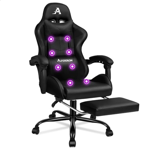 ALFORDSON Bürostuhl mit Massage, Gamer-Sessel, ergonomischer Gamer-Stuhl mit Fußstütze, Fußstützen-Massage-Lendenkissen, Drehstuhl, 180 kg Tragkraft, Schwarz von ALFORDSON