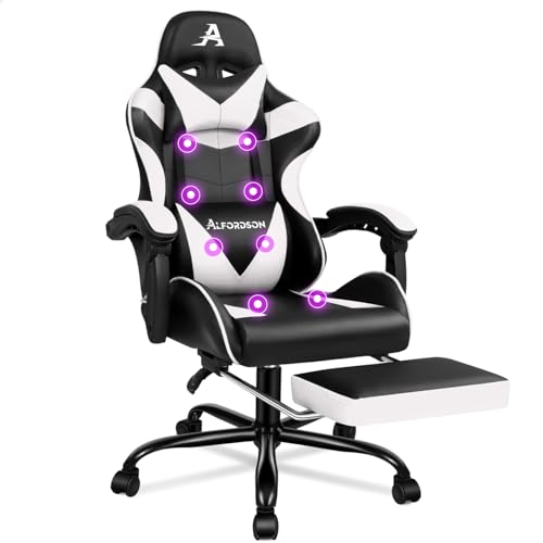 ALFORDSON Bürostuhl mit Massage, Gamer-Sessel, ergonomischer Gamer-Stuhl mit Fußstütze, Fußstützen-Massage-Lendenkissen, Drehstuhl, 180 kg Tragkraft, Weiß von ALFORDSON