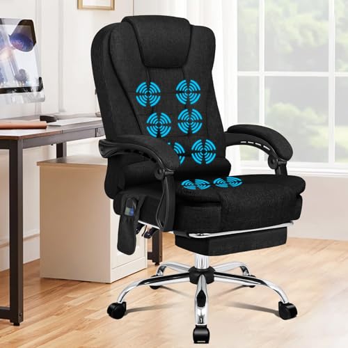 ALFORDSON Bürostuhl mit Massagefunktion, ergonomisches Design mit großer Sitzpolsterung, Lendenwirbelstütze, Rollen, für reibungslose Mobilität im Büro, Dunkelschwarz, Leinen Fabric von ALFORDSON