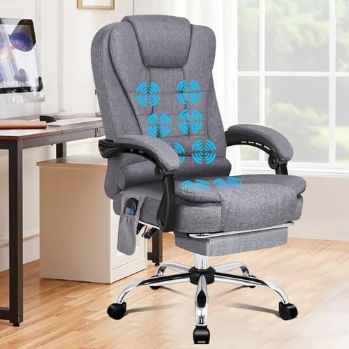 ALFORDSON Bürostuhl mit Massagefunktion, ergonomisches Design mit großer Sitzpolsterung, Lendenwirbelstütze, Rollen, für reibungslose Mobilität im Büro, Felsgrau, Leinen Fabric von ALFORDSON
