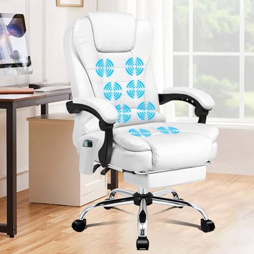 ALFORDSON Bürostuhl mit Massagefunktion, ergonomisches Design mit großer Sitzpolsterung, Lendenwirbelstütze, Rollen, für reibungslose Mobilität im Büro, Schneeweiß von ALFORDSON