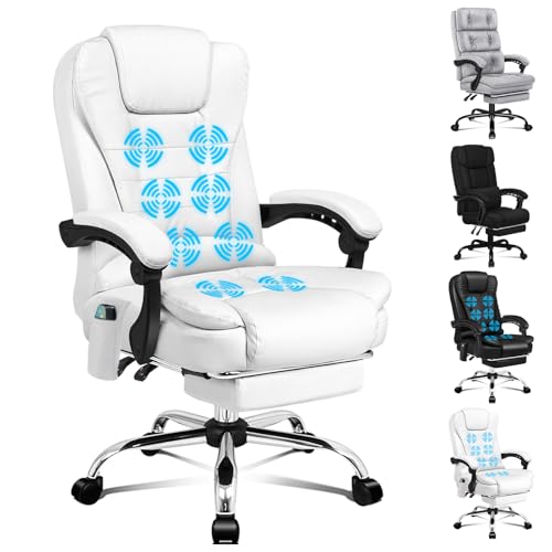 ALFORDSON Bürostuhl mit ergonomischer Lordosenstütze, Schreibtischstuhl mit Armlehne und Rückenlehne, Drehstuhl mit Massagefunktion, PU Material, höhenverstellbar, Weiß, Kunstleder von ALFORDSON