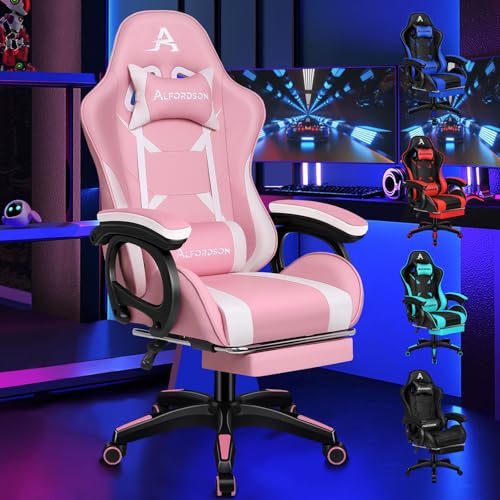 ALFORDSON Gaming Stuhl, Gaming Sessel mit Massage-Lendenwirbelstütze, Ergonomischer Gamer Stuhl mit Kopfstütze, höhenverstellbar, PU-Leder, Rosa von ALFORDSON