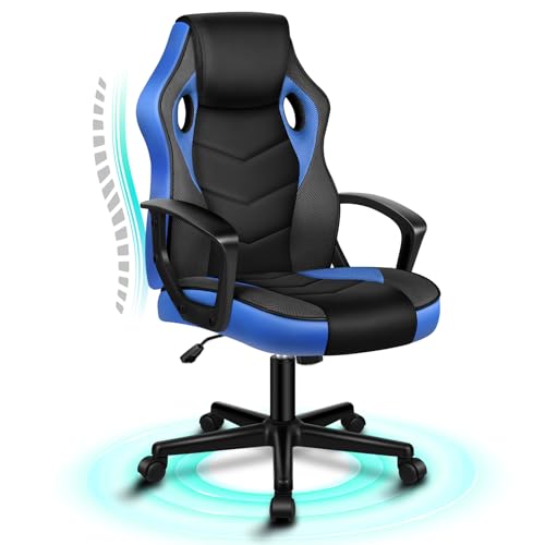 ALFORDSON Computer-Gaming-Schreibtischstuhl, ergonomischer Patchwork-Stoff aus PU-Leder mit bequemer Lendenwirbelstütze, höhenverstellbarer Rollschreibtisch für Zuhause und das Büro, Blau von ALFORDSON