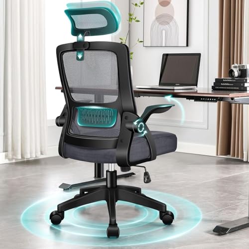 ALFORDSON Ergonomischer Büro-Schreibtischstuhl, Computerstuhl mit dynamischer Lordosenstütze, neigbarer Drehstuhl mit hochklappbarer Armlehne, Grau von ALFORDSON