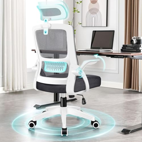 ALFORDSON Ergonomischer Büro-Schreibtischstuhl, Computerstuhl mit dynamischer Lordosenstütze, neigbarer Drehstuhl mit hochklappbarer Armlehne, Weiß von ALFORDSON