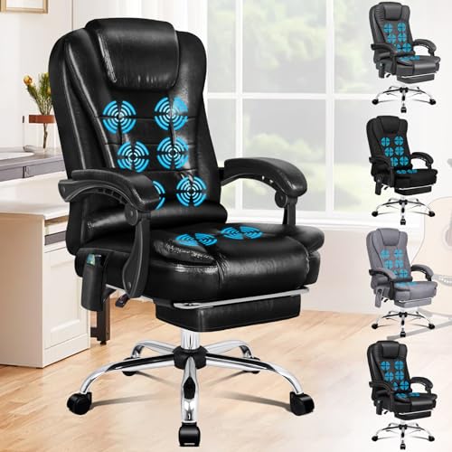 ALFORDSON Ergonomischer Bürostuhl, Schreibtischstuhl mit Wärmemassagefunktion, PU-Leder-Computerstuhl mit gepolsterten Armlehnen und weicher Kopfstütze, Drehstuhl mit Rollen, Schwarz, Kunstleder von ALFORDSON