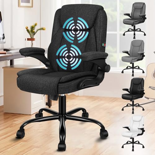 ALFORDSON Ergonomischer Massage BüRostuhl Mid Back Mit Klappbarer Armlehne, Studienstuhl Mit SGS Gas-Lift, Gaming Stuhl FüR Computer Arbeitstisch, Max Belastung 150kg, Leinenstoff, Schwarz von ALFORDSON